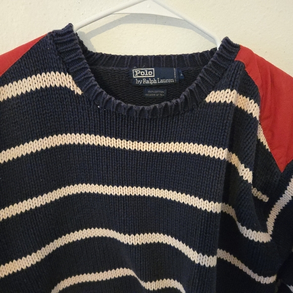 Polo Ralph Lauren Sweater Stripes Womens Size XL Red Shoulder Patches Cotton Hea - Picture 3 of 7
